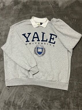 Pull&Bear Gray Crewneck Sweater with Navy Yale Logo and White Collar